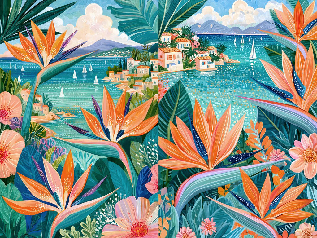 Costa con flores tropicales — diseño completo