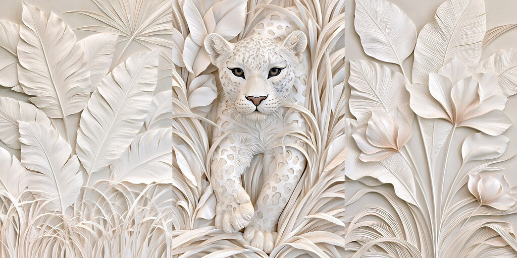 Felino blanco entre hojas — diseño completo