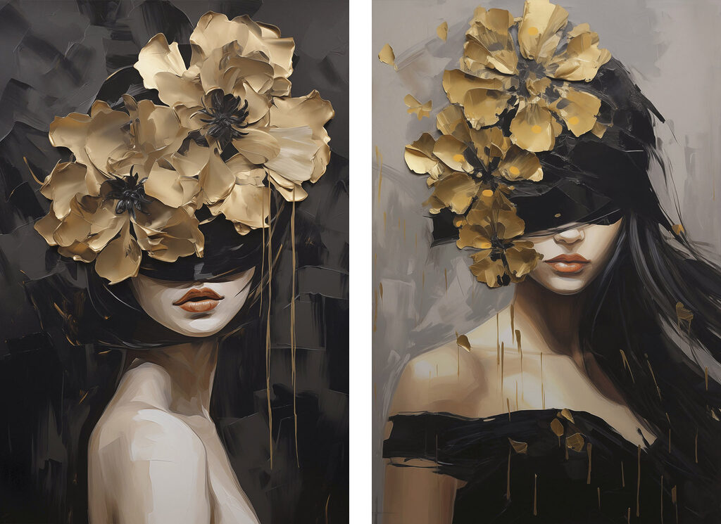 Flores sobre ojos oscuros — diseño completo