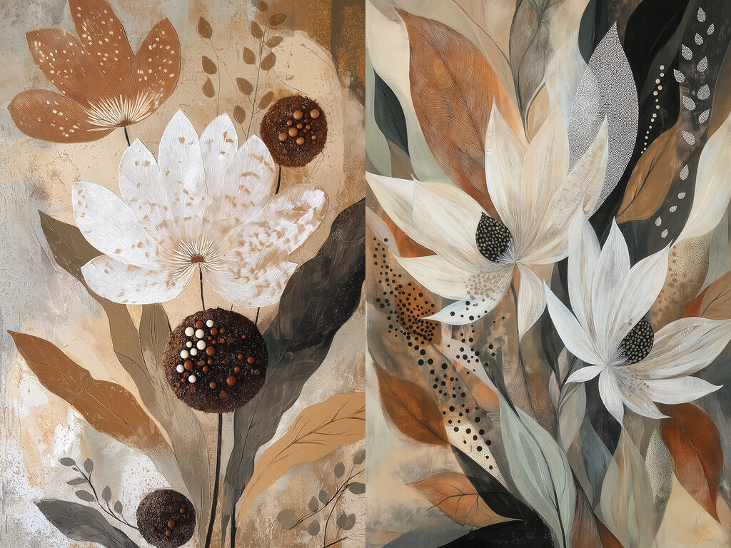 Flores entre manchas terrosas — diseño completo