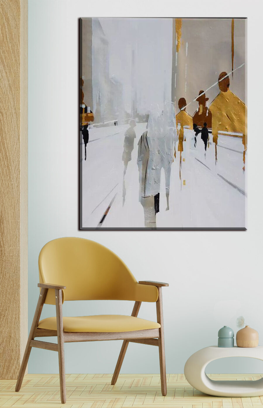 Transeúntes en calles blancas — interior 1