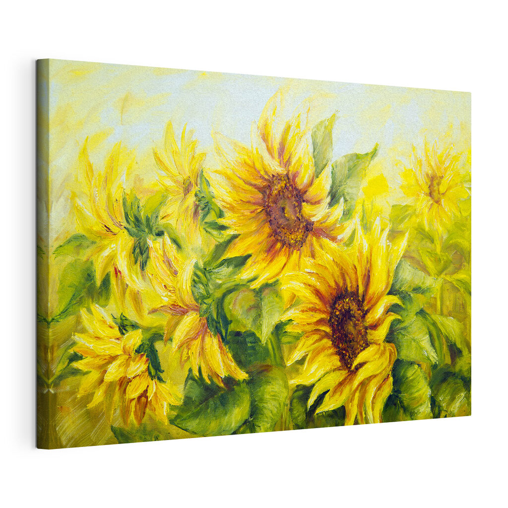 Girasoles en amarillo cálido, lienzo tensado con el borde envolvente