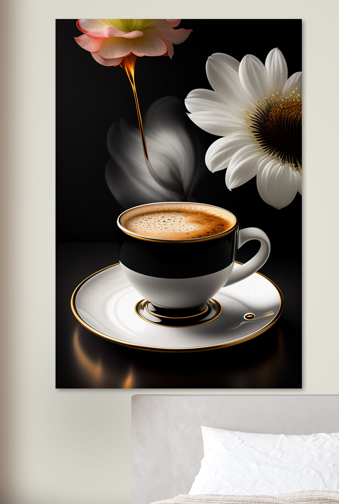 Flores y café negro en un interior