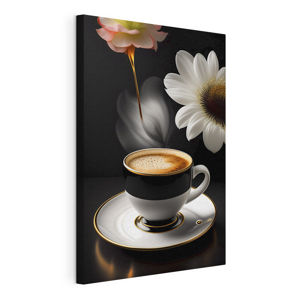 Flores y café negro, lienzo tensado con el borde envolvente