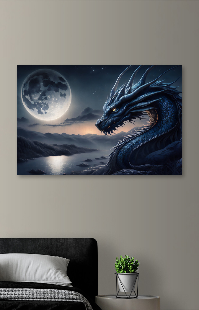 Dragón bajo la luna en un interior