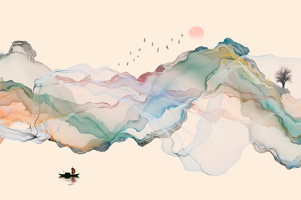Barco entre montañas pastel — diseño completo
