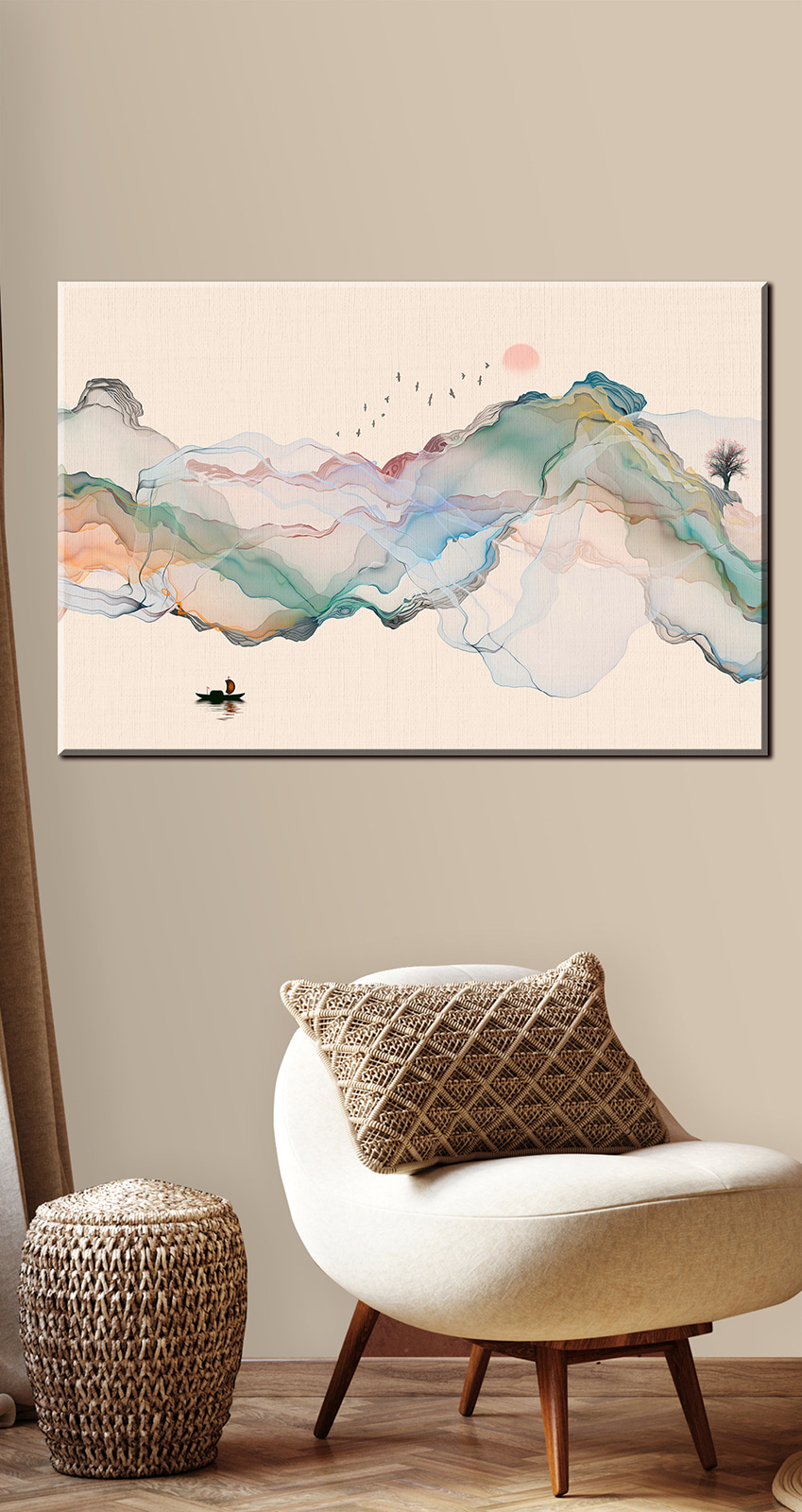 Barco entre montañas pastel — interior 1