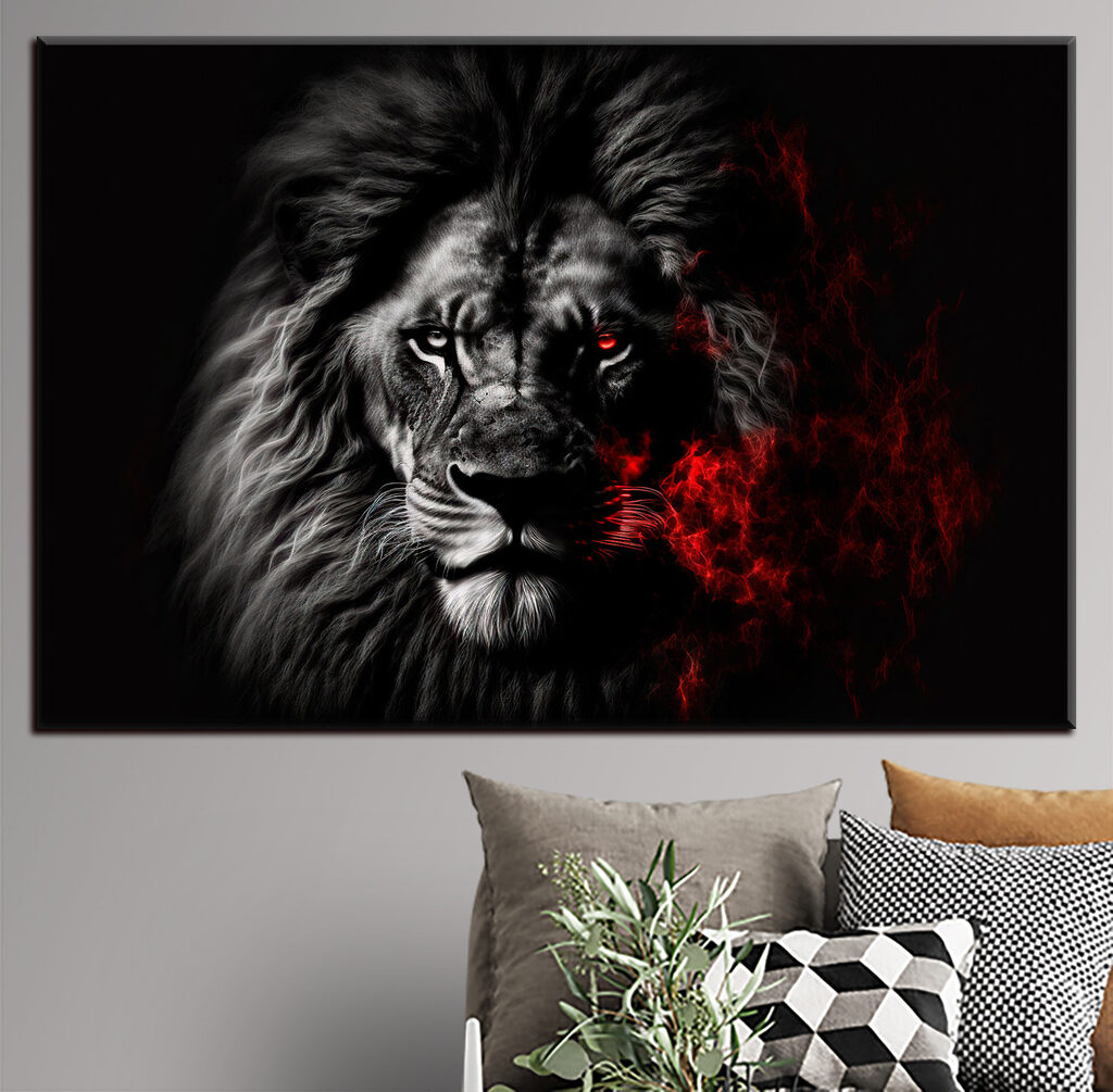León en resplandor rojo en un interior