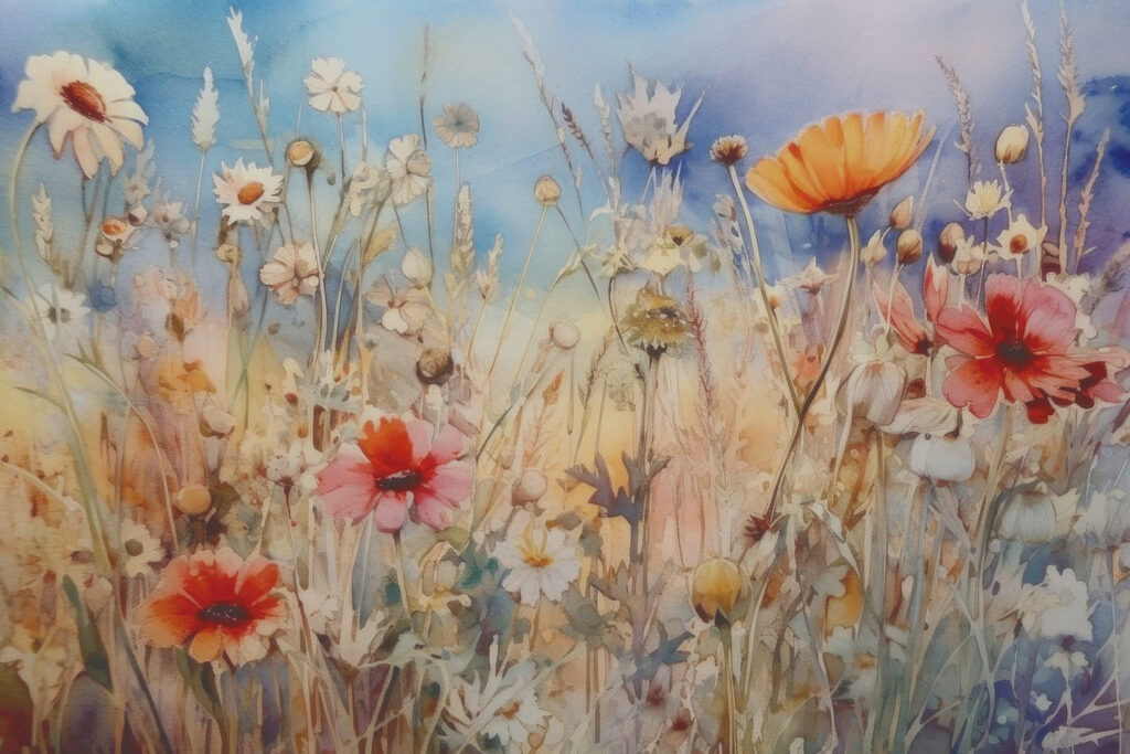 Flores bajo cielo azul — diseño completo