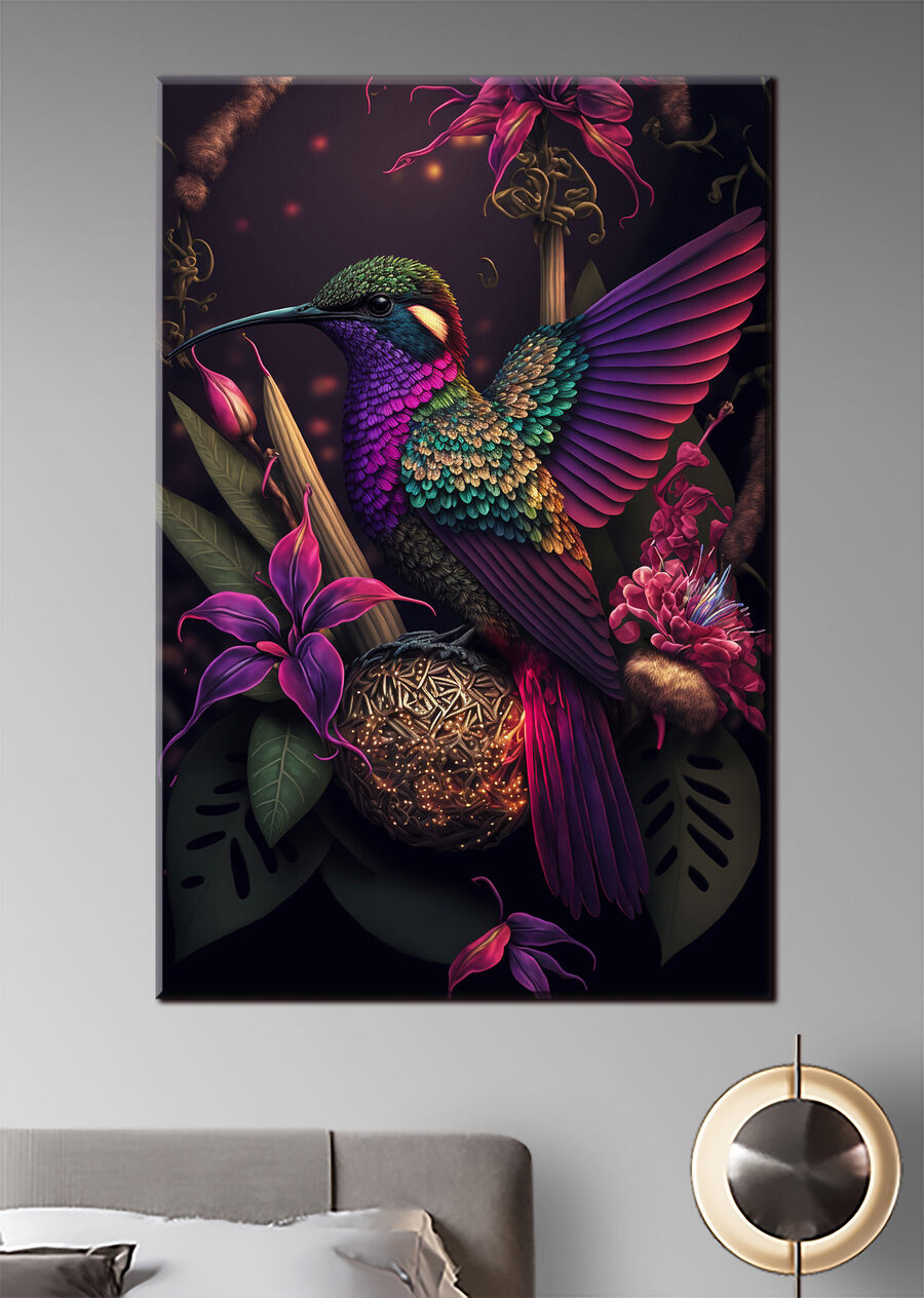 Colibrí entre flores oscuras en un interior
