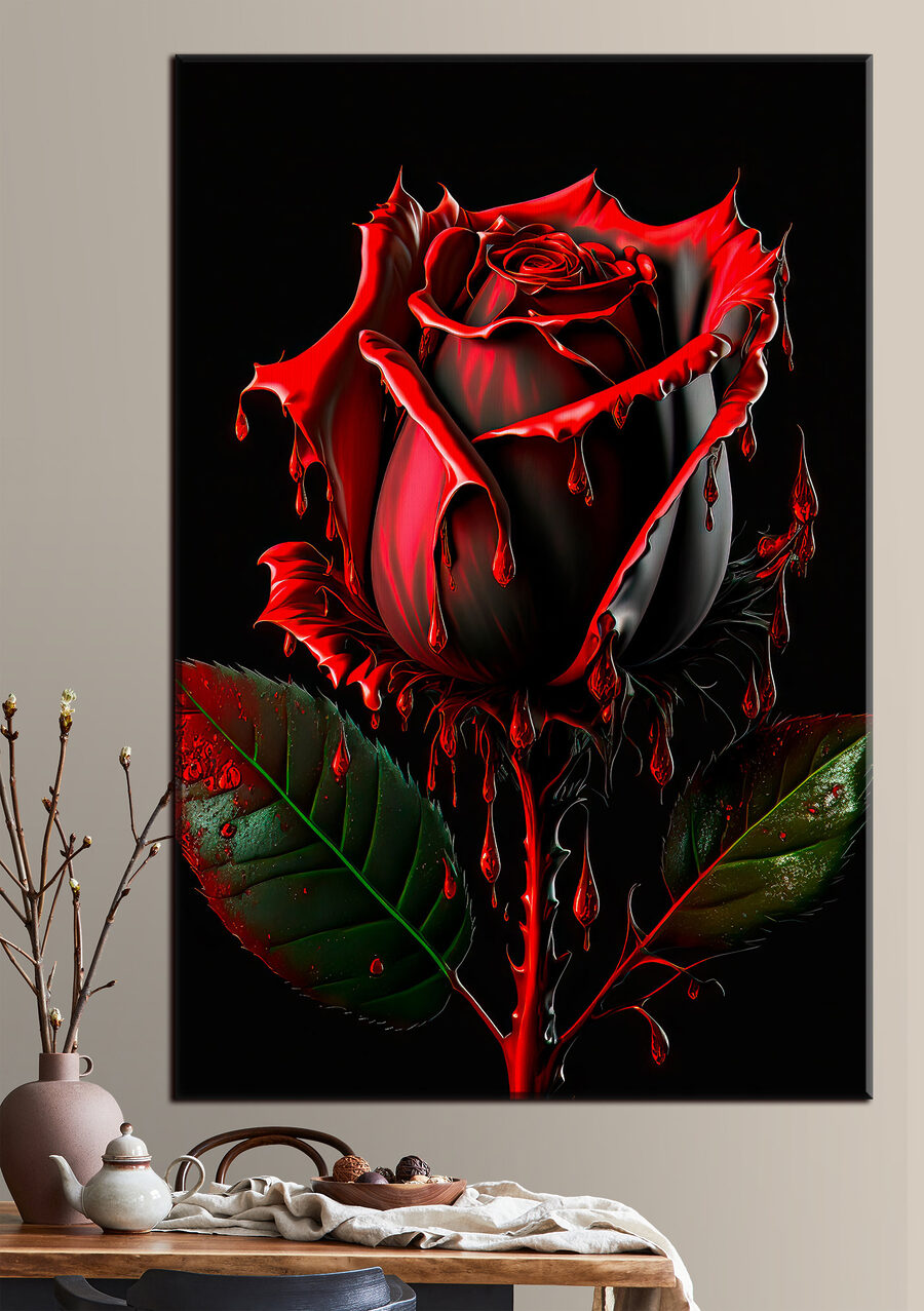 Rosa roja que gotea en un interior