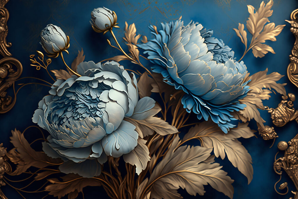 Flores azules, hojas ornamentales — diseño completo