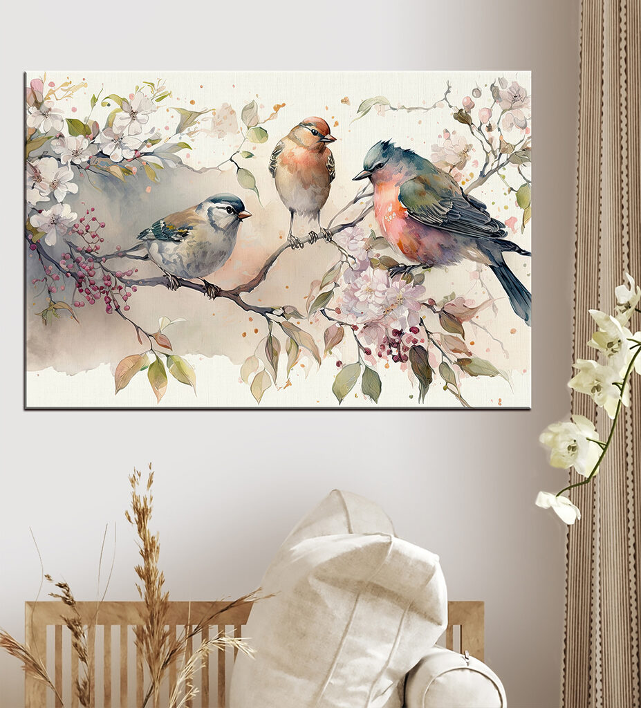 Tres pájaros en flor en un interior
