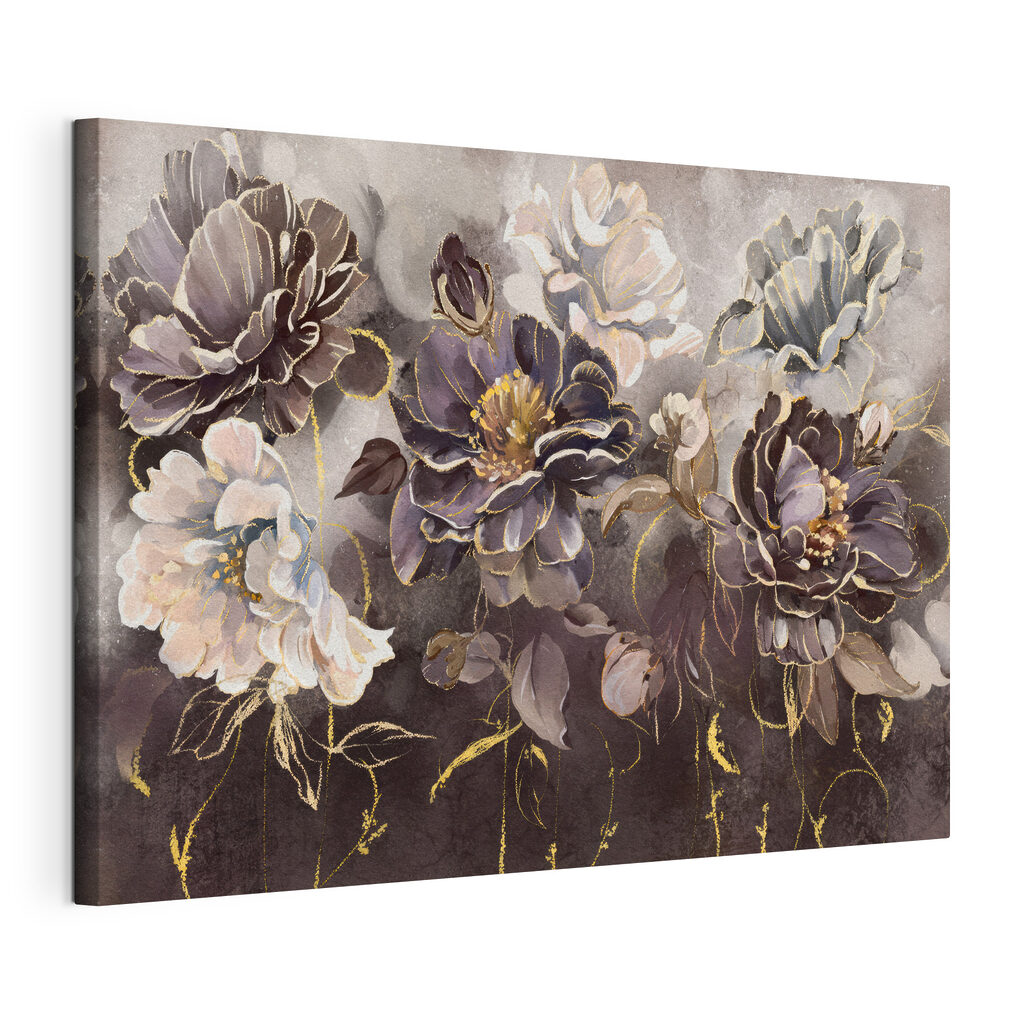 Flores en gris profundo, lienzo tensado con el borde envolvente