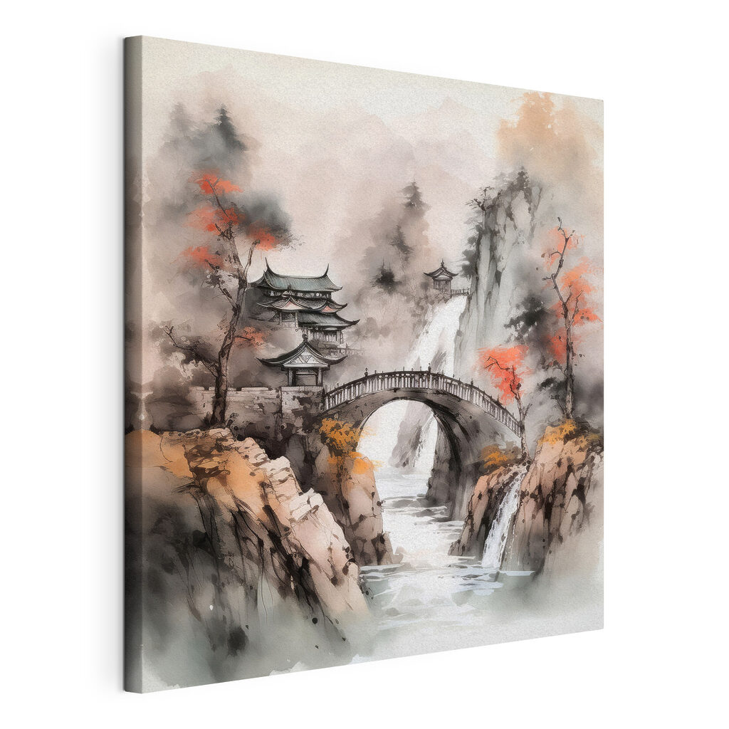 Puente entre la niebla, lienzo tensado con el borde envolvente