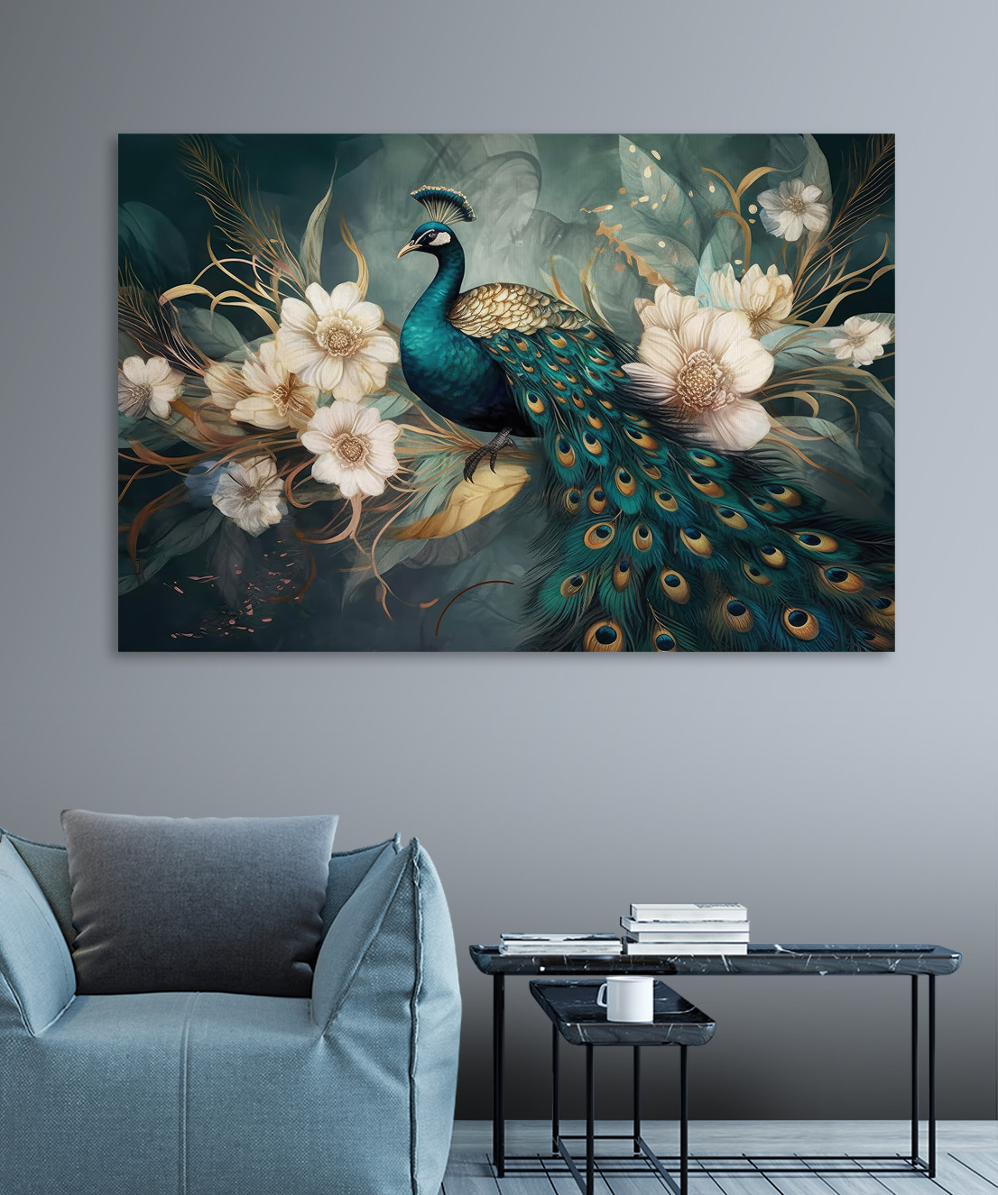 Pavo real bajo flores en un interior