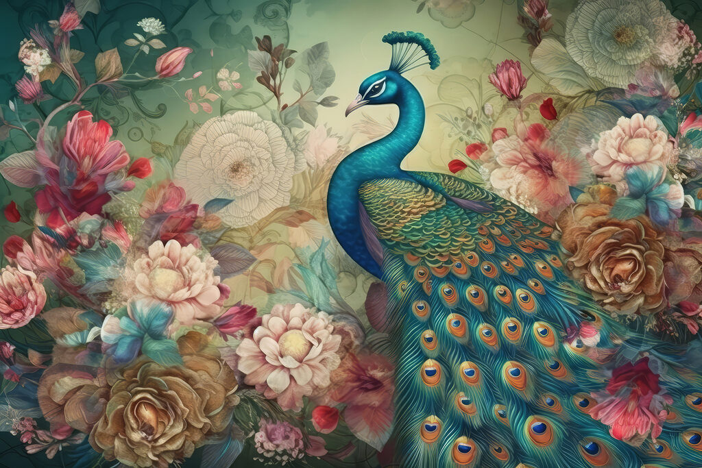 Pavo real en rosal — diseño completo