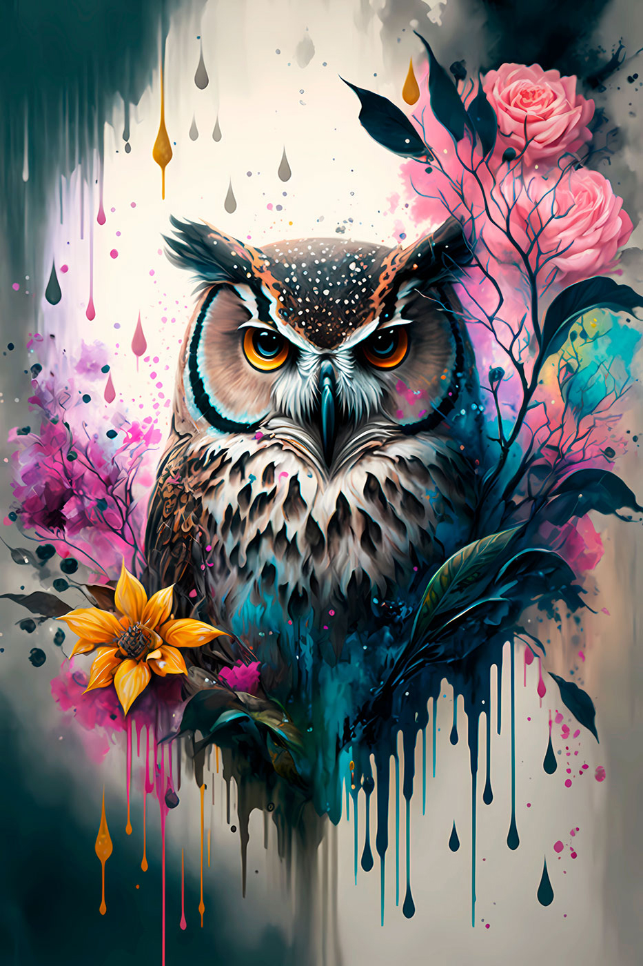 Búho entre rosas pintadas — diseño completo