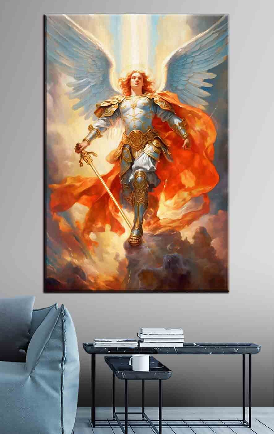 Ángel en luz ardiente en un interior