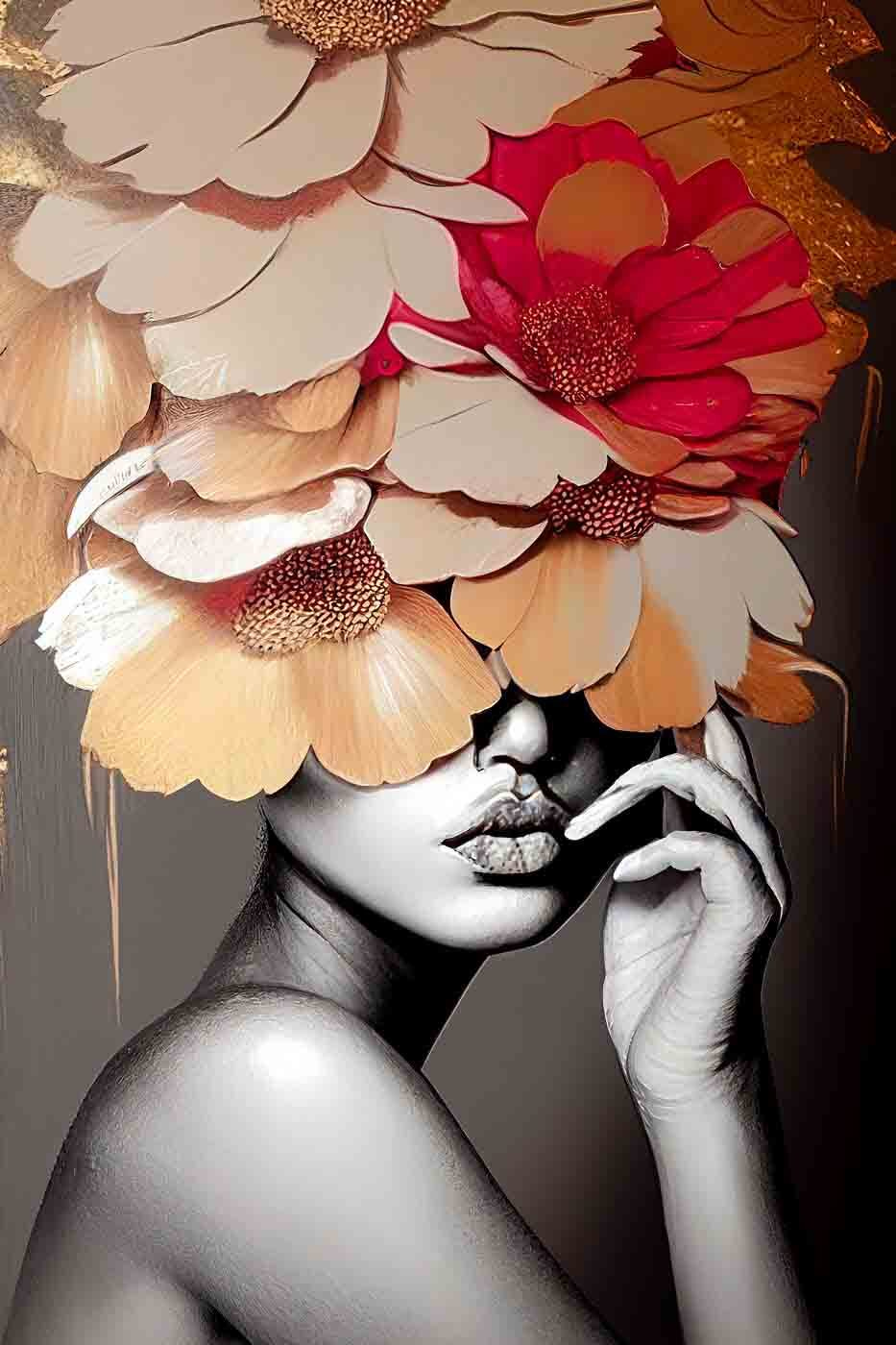 Escondida tras grandes flores — diseño completo