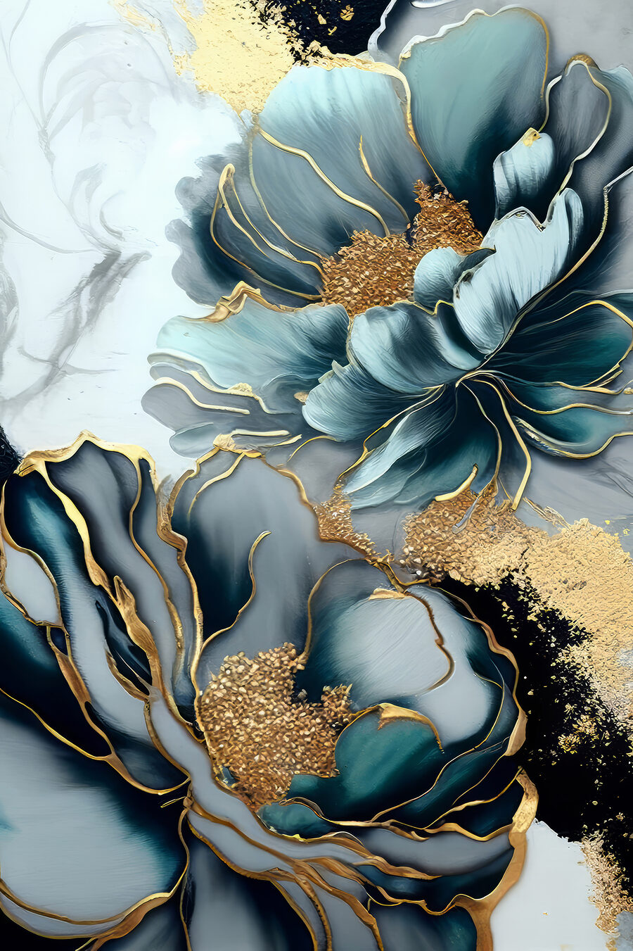 Flores azules, bordes dorados — diseño completo