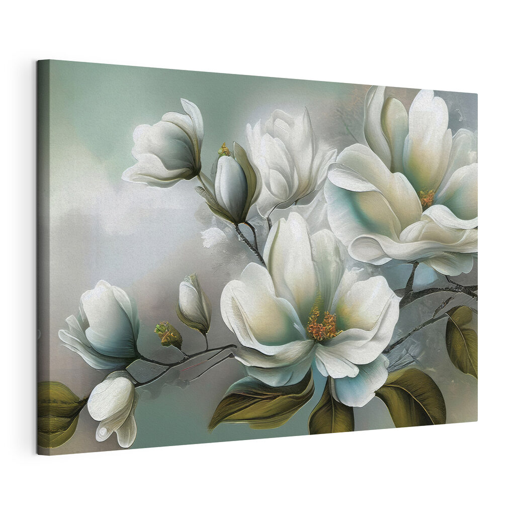 Magnolia en verde fresco, lienzo tensado con el borde envolvente