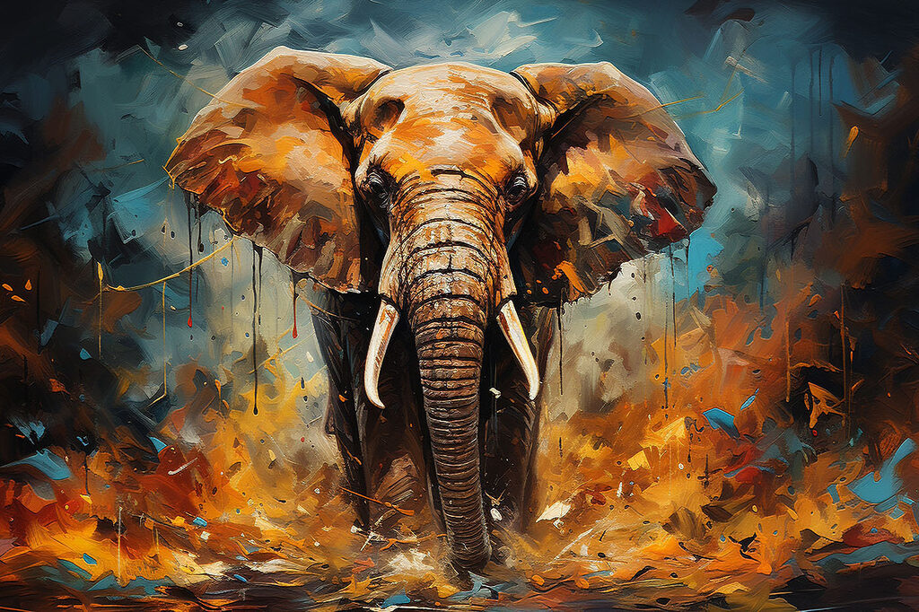 Elefante en pintura naranja — diseño completo