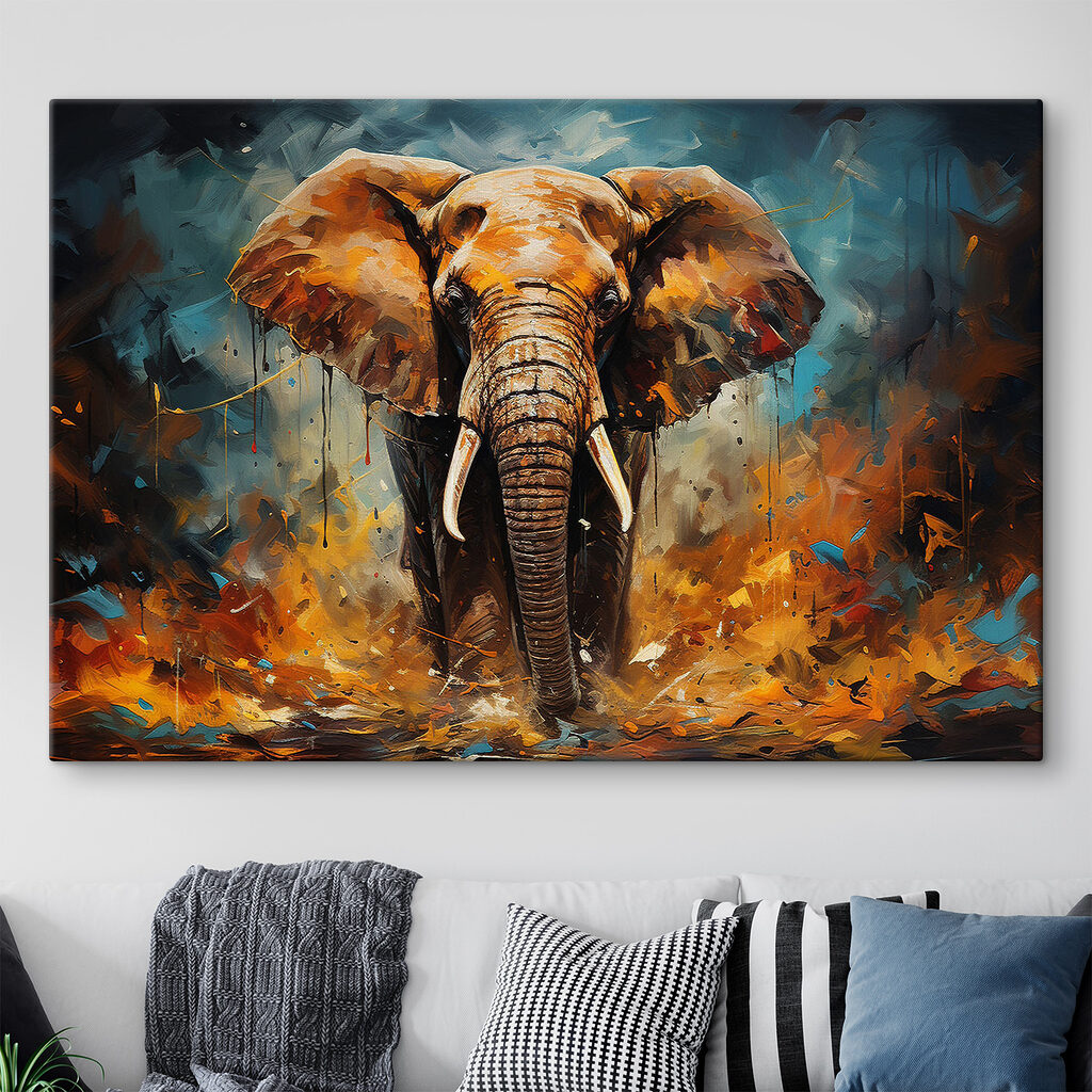 Elefante en pintura naranja en un interior