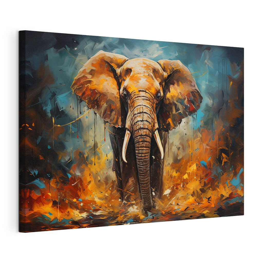 Elefante en pintura naranja, lienzo tensado con el borde envolvente