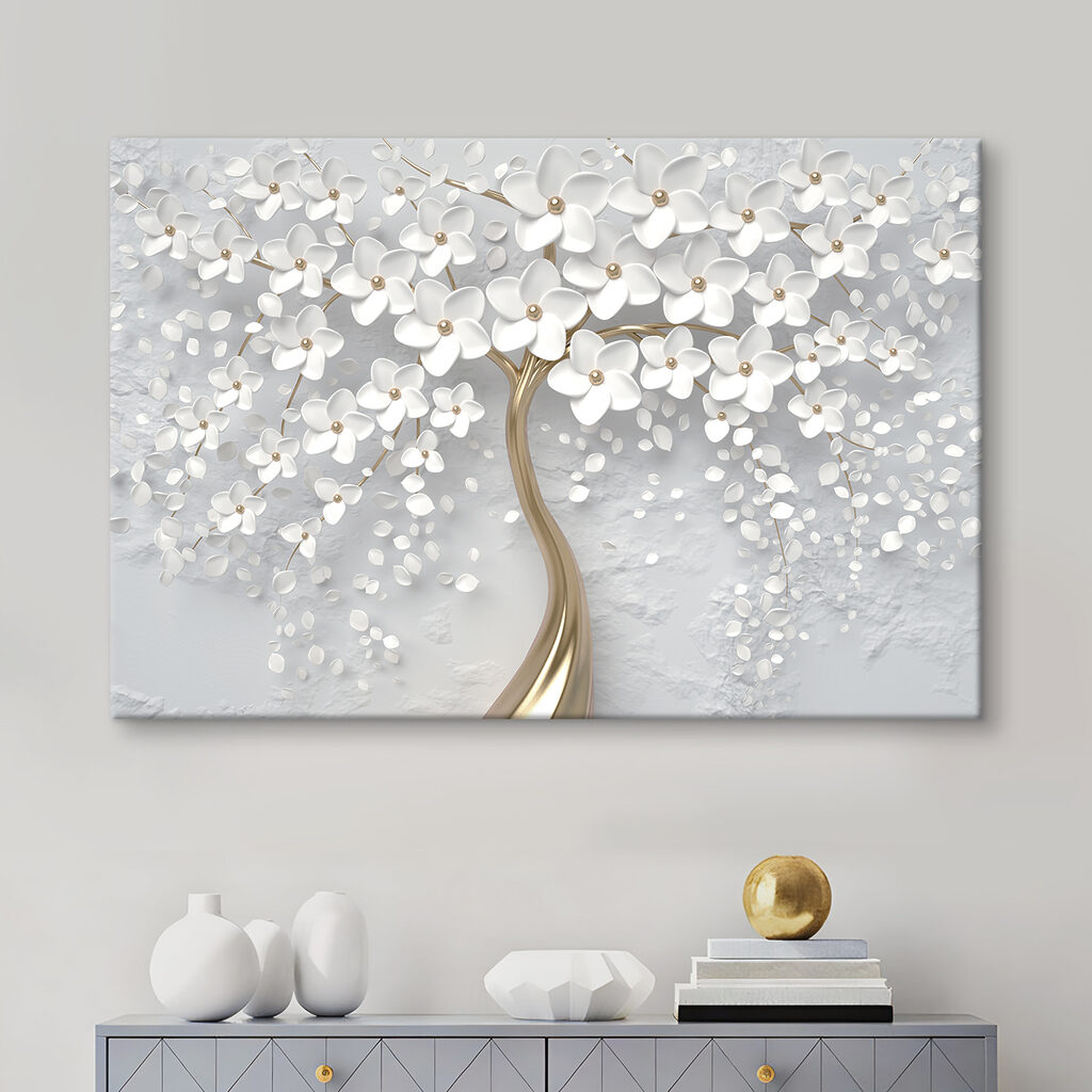 Árbol de flores blancas en un interior