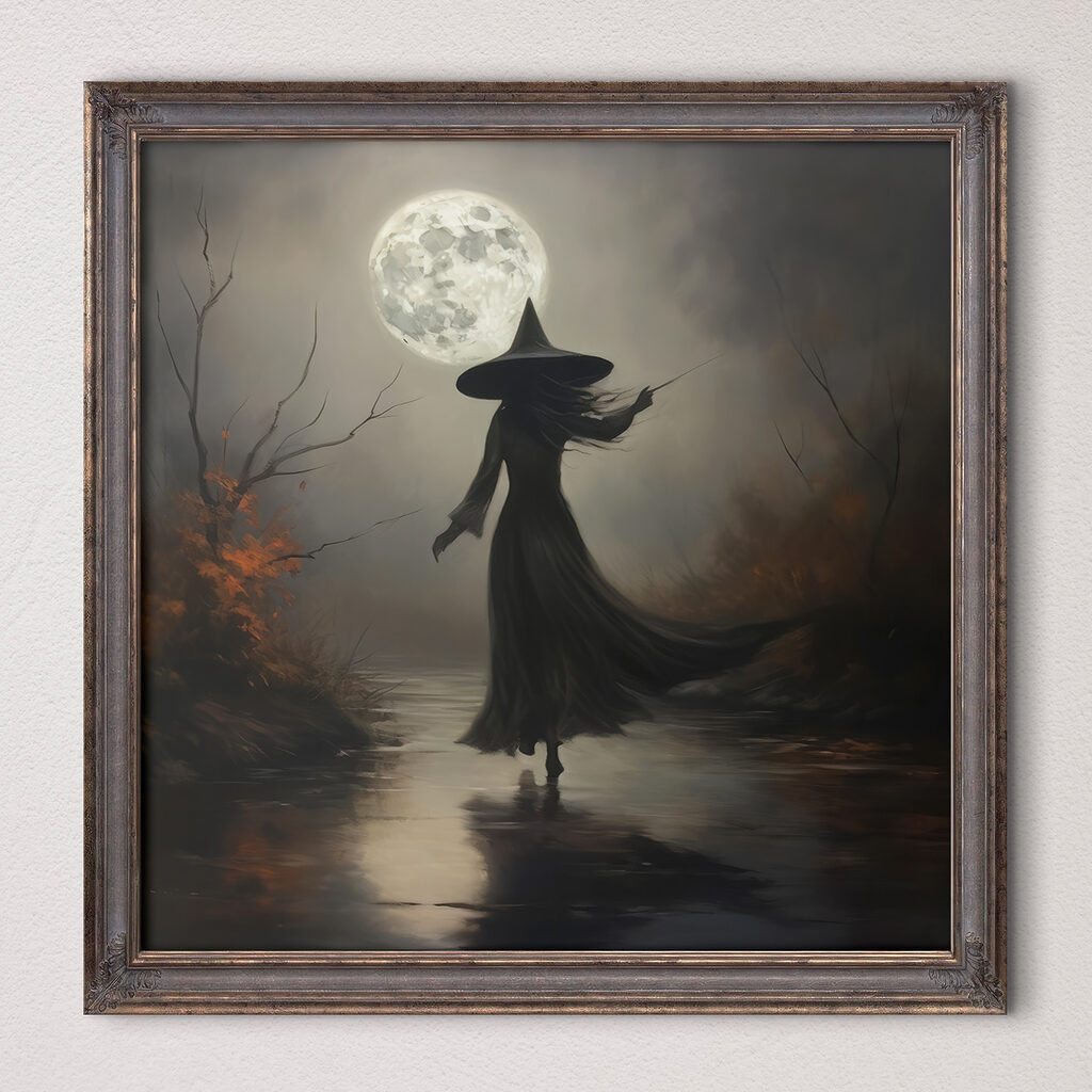 Bruja bajo la luna en un interior
