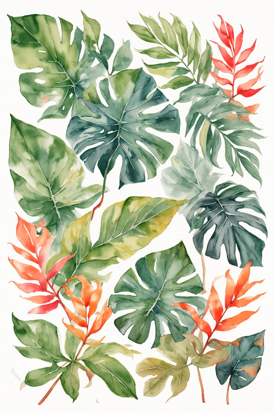 Ramas tropicales sobre blanco — diseño completo