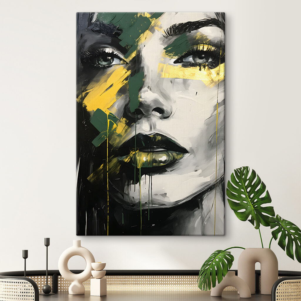 Retrato con pintura amarilla en un interior