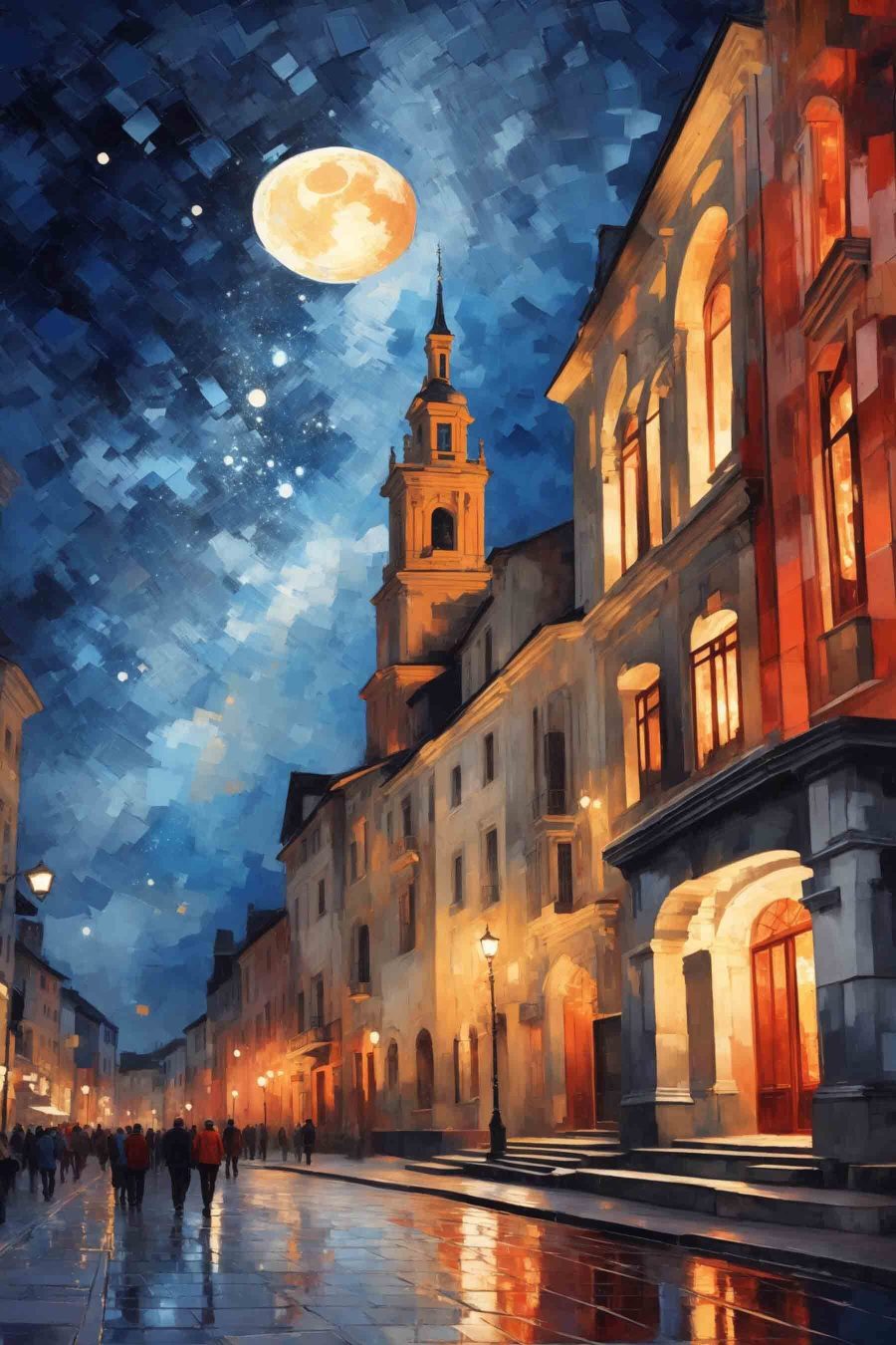 Luna sobre fachadas iluminadas — diseño completo