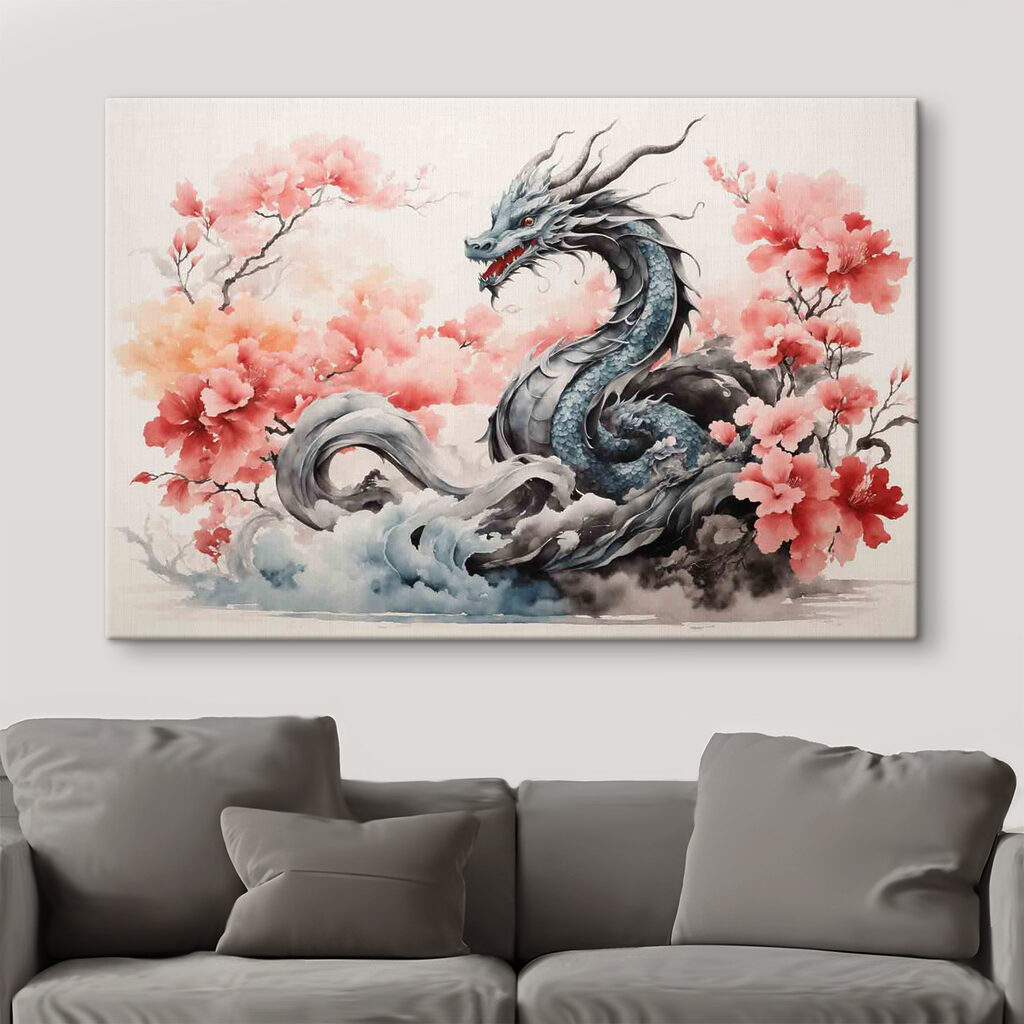 Dragón entre flores rosas en un interior