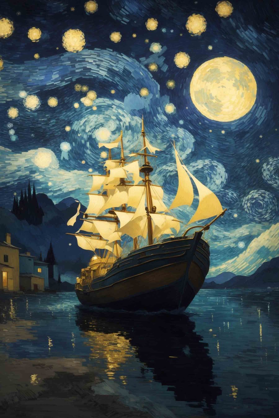Velero bajo la luna — diseño completo