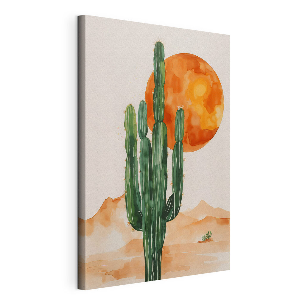 Cactus con sol naranja, lienzo tensado con el borde envolvente