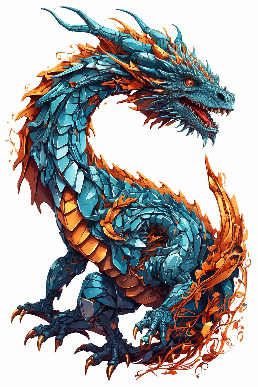 Dragón azul y naranja — diseño completo