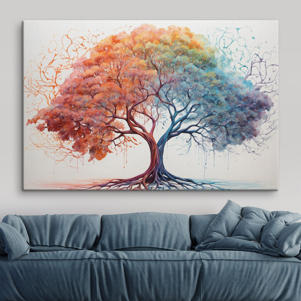 Árbol con copa arcoíris en un interior