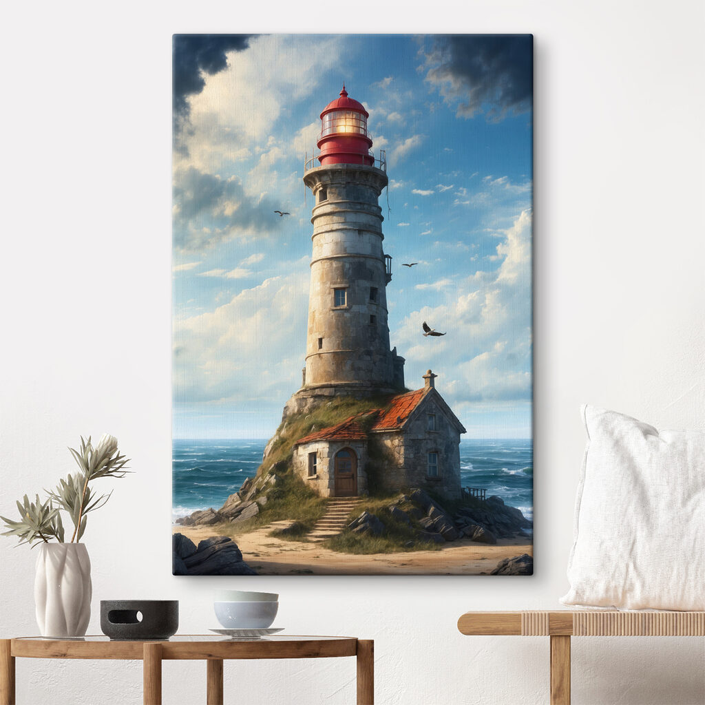 Faro sobre olas azules en un interior