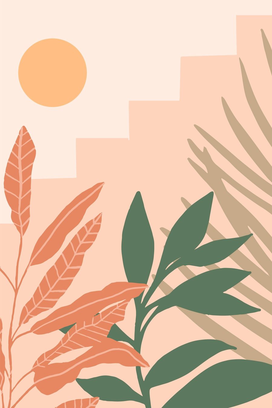 Hojas ante horizonte escalonado — diseño completo