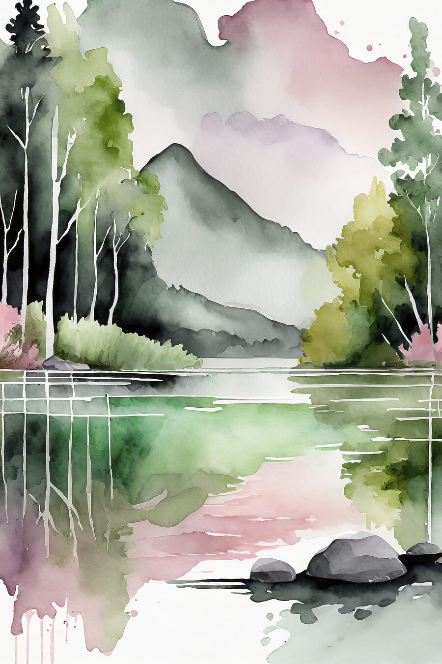 Lago bajo cielo rosa — diseño completo