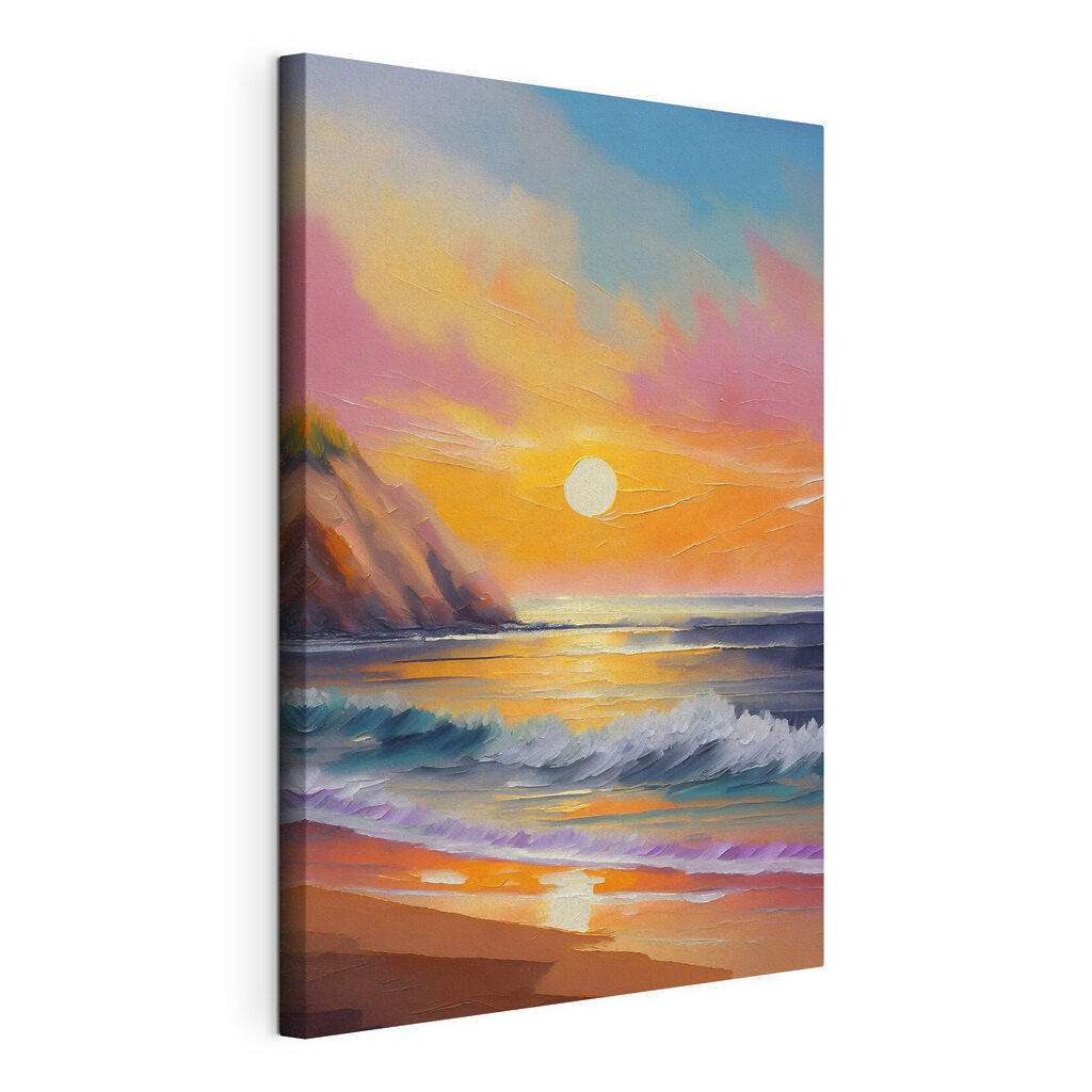 Olas del atardecer, lienzo tensado con el borde envolvente