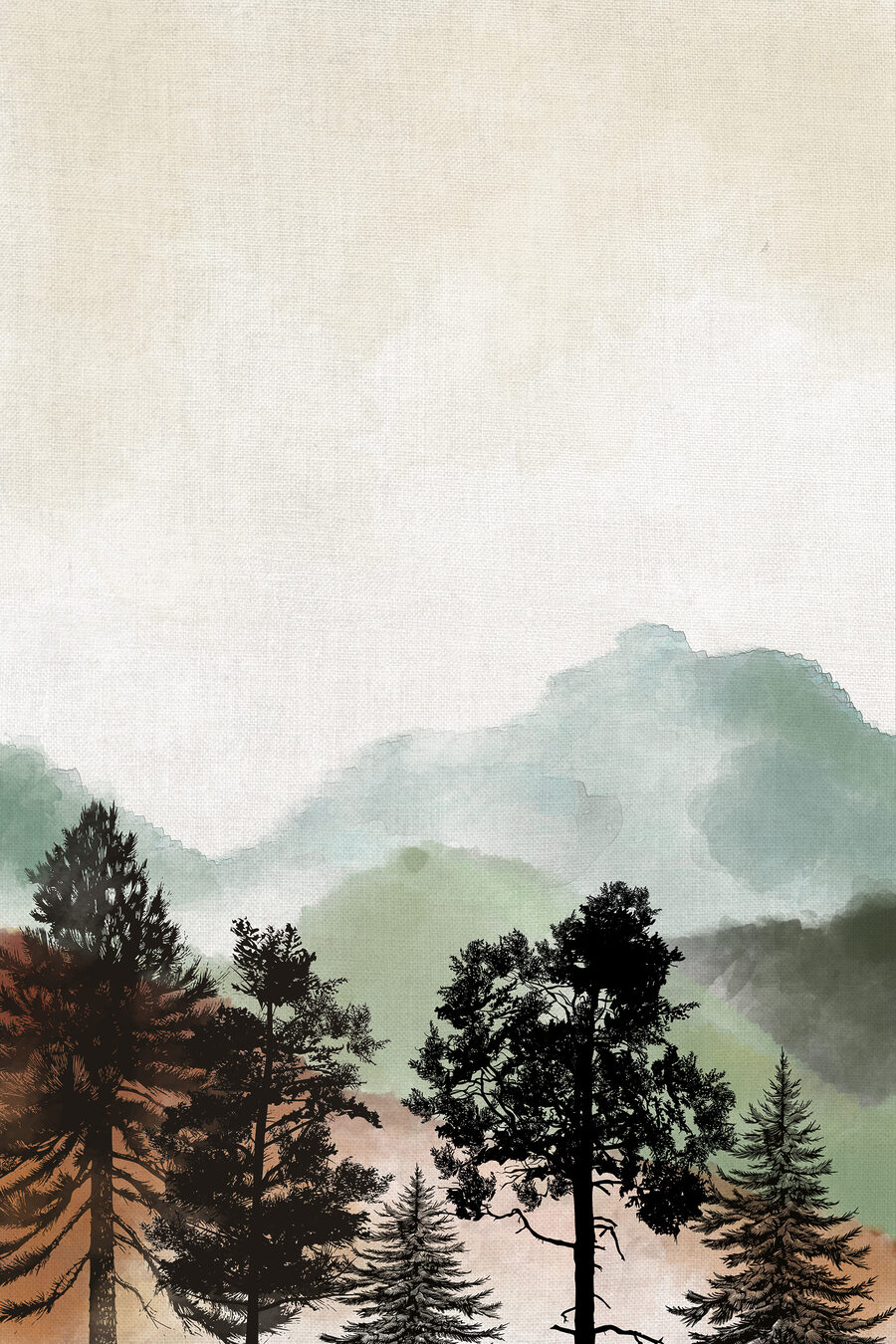 Árboles ante montañas tranquilas — diseño completo