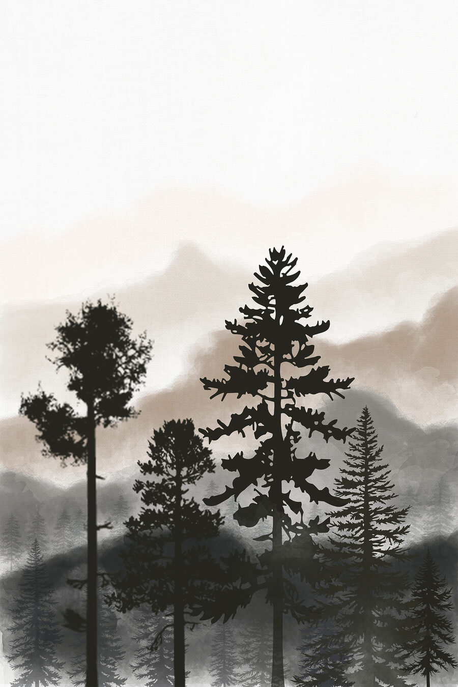 Tres árboles en niebla — diseño completo
