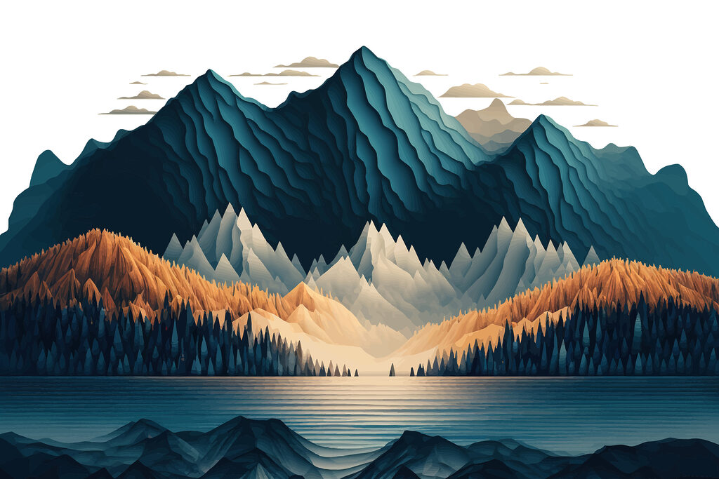 Montañas sobre lago oscuro — diseño completo
