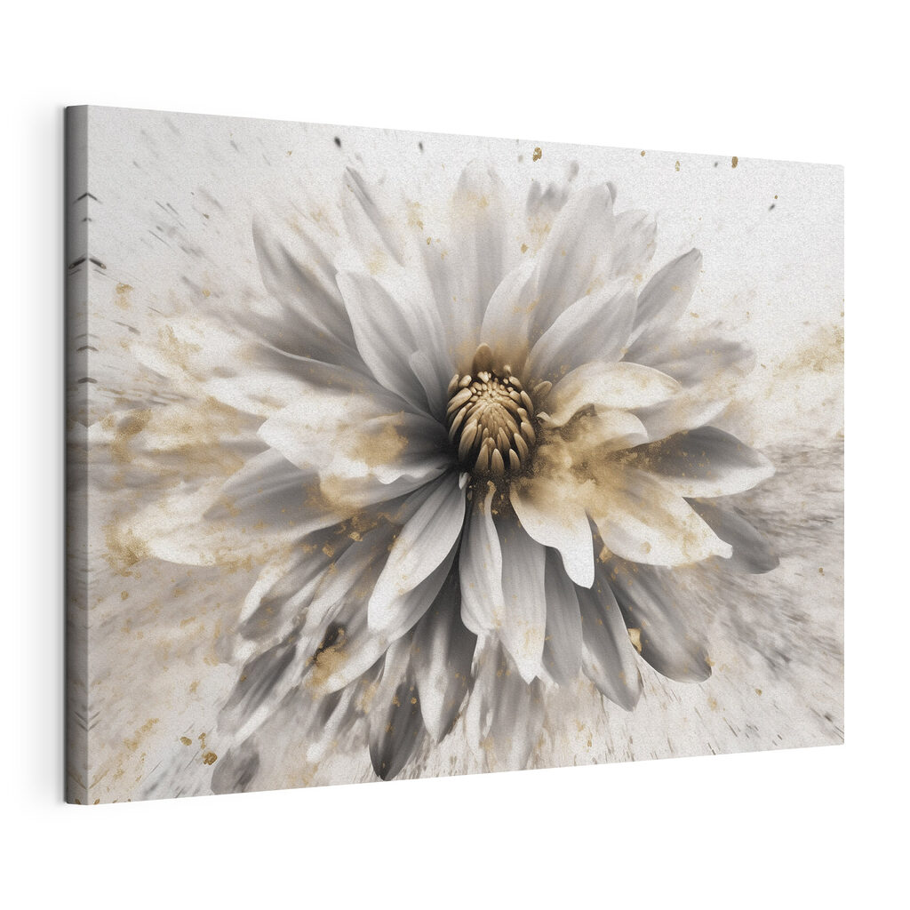 Una flor blanca irradia, lienzo tensado con el borde envolvente