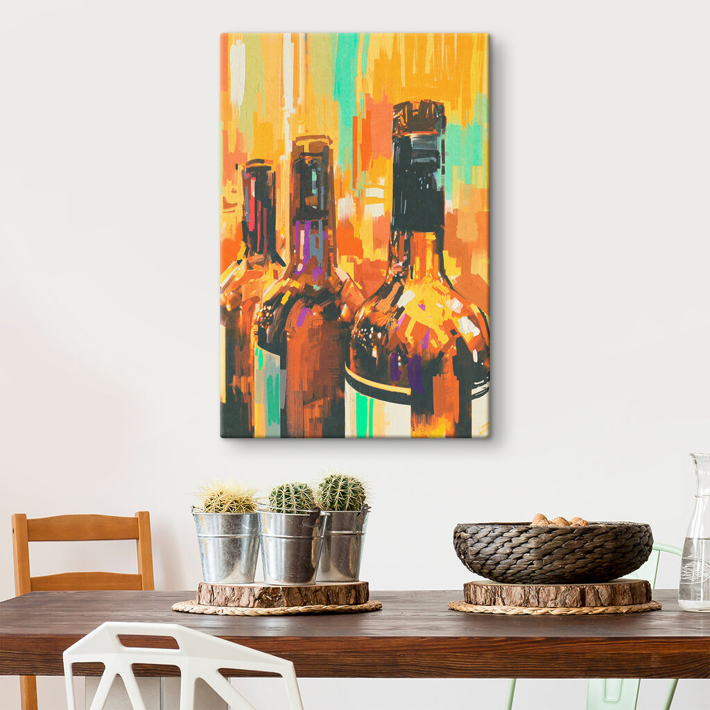 Botellas en pintura cálida — interior 2