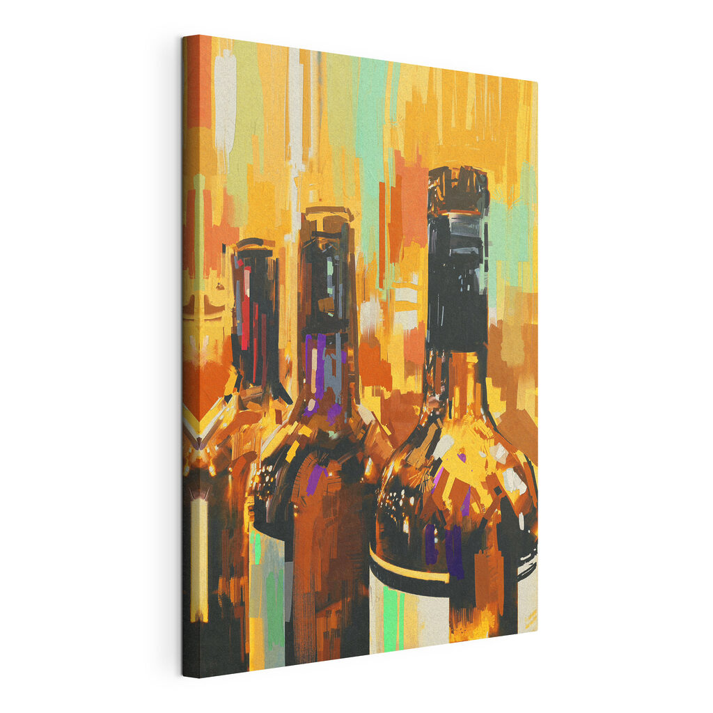 Botellas en pintura cálida, lienzo tensado con el borde envolvente