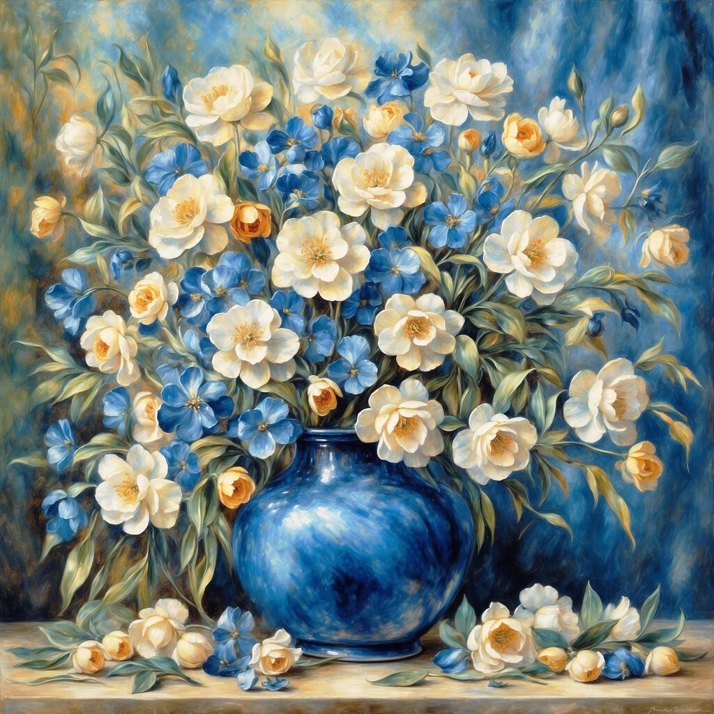 Flores en jarrón azul — diseño completo